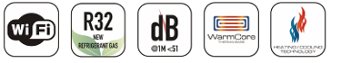 Row of five technology and energy efficiency logos, including Wi-Fi, R32 refrigerant gas, dB sound level, WarmCore heating system, and Heating Cooling Technology.