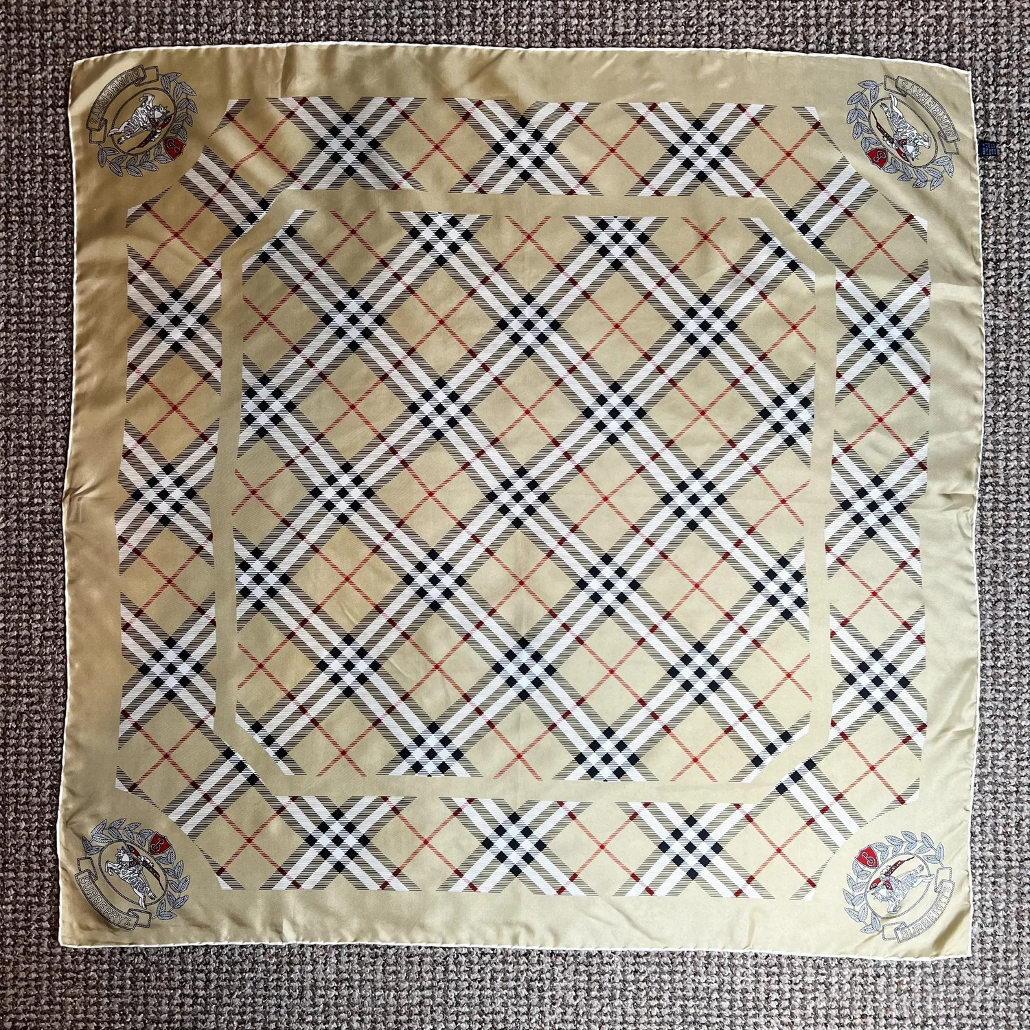 90s Burberrys Silk Scarf with Nova Check, Golden Border and Logo