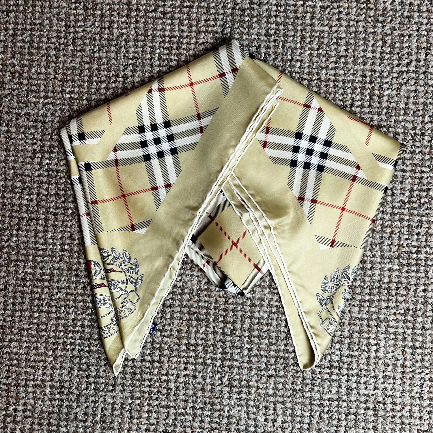 90s Burberrys Silk Scarf with Nova Check, Golden Border and Logo