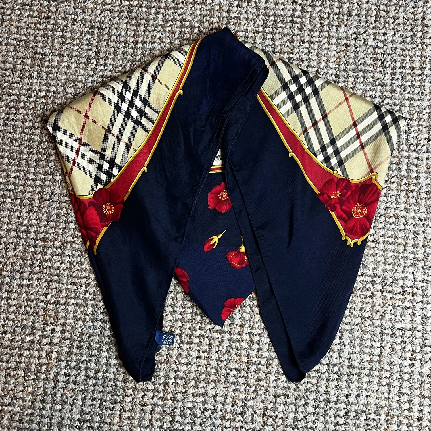 90s Burberrys Silk Scarf With Nova Check and Central Floral