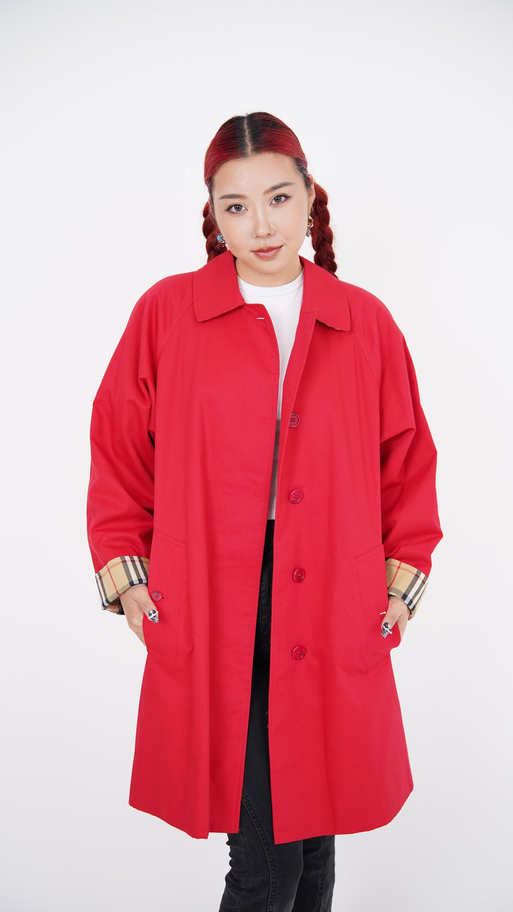 【美品】BURBERRY コットン ジャケット ティッシ期 レッド Lサイズ Burberry Red Cotton Trench Coat — Check It Vintage