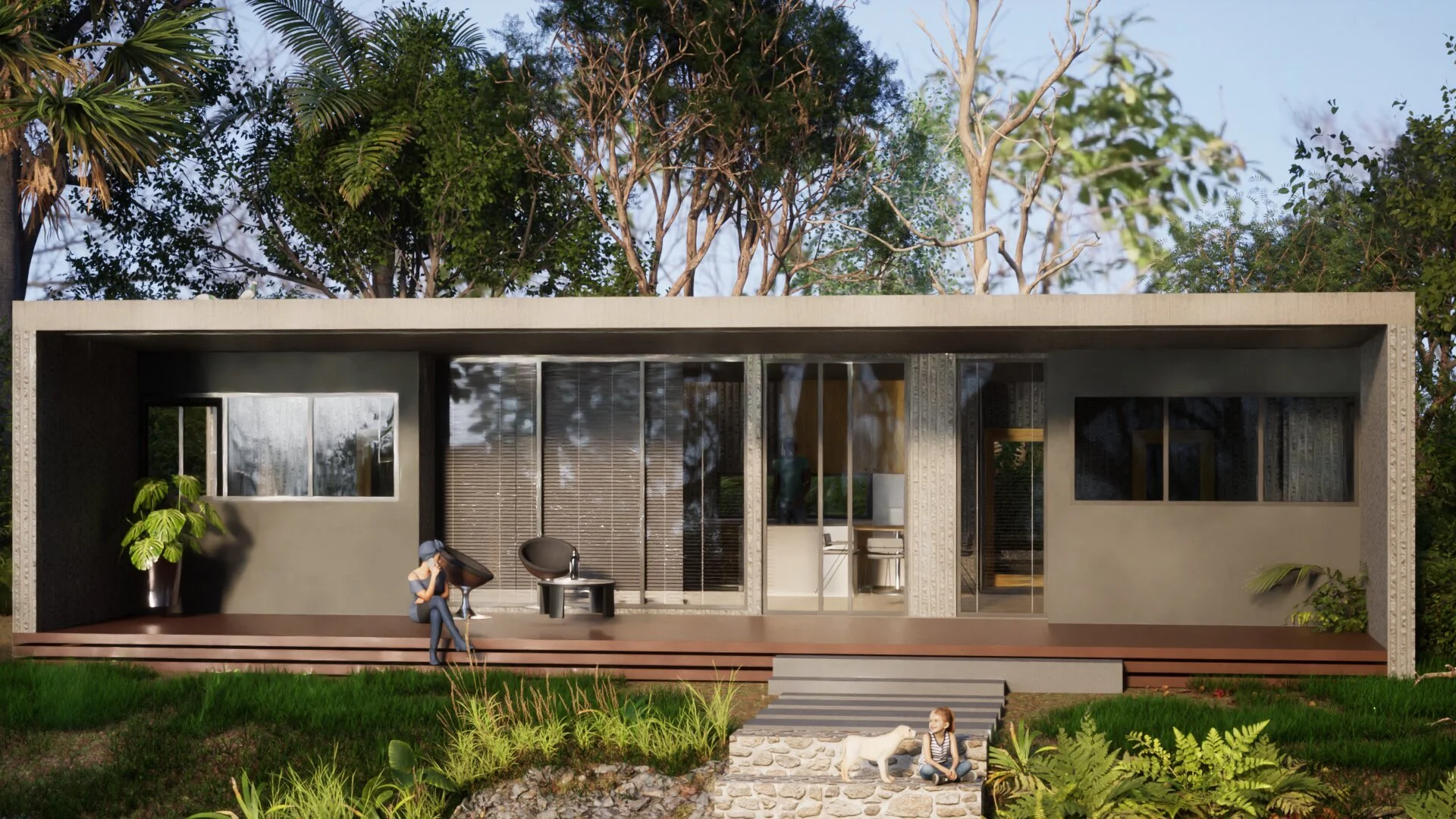 Modern single-story house with large windows, surrounded by greenery and trees in the background.mid north coast modular homes scconstruction.online