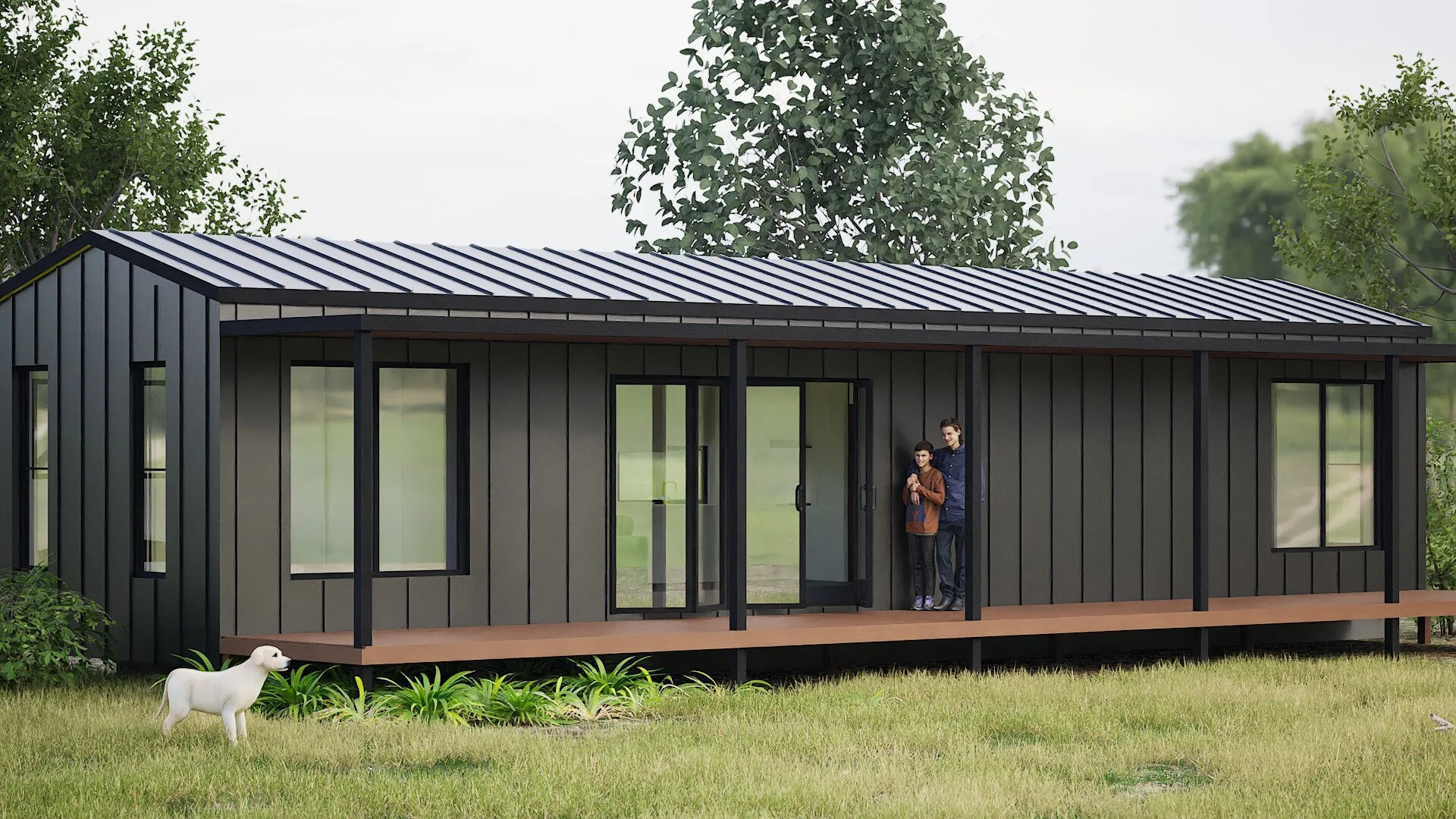 A modern black house with large windows situated on a grassy lawn, with two people standing on the porch, mid north coast modular homes scconstruction.online
