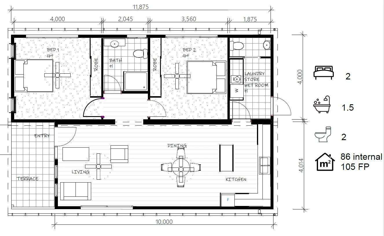 Floor plan of a house showing two bedrooms, a living room, a kitchen, a dining area, a bathroom, laundry room, and a terrace with dimensions labeled.mid north coast modular homes scconstruction.online