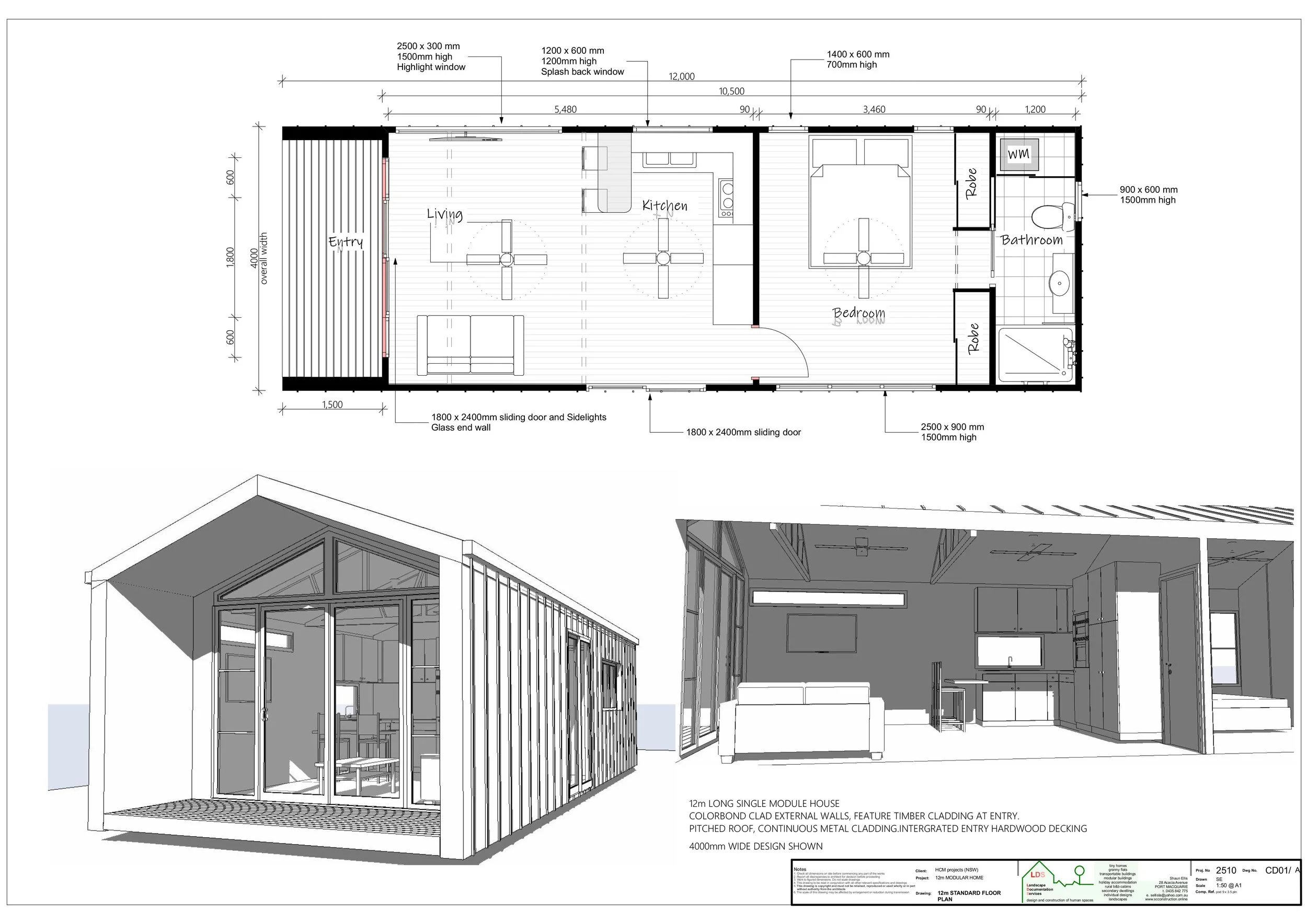 Architectural floor plan and 3D rendering of a modern single module house with timber cladding, large windows, vaulted roof, and open living spaces.mid north coast modular homes