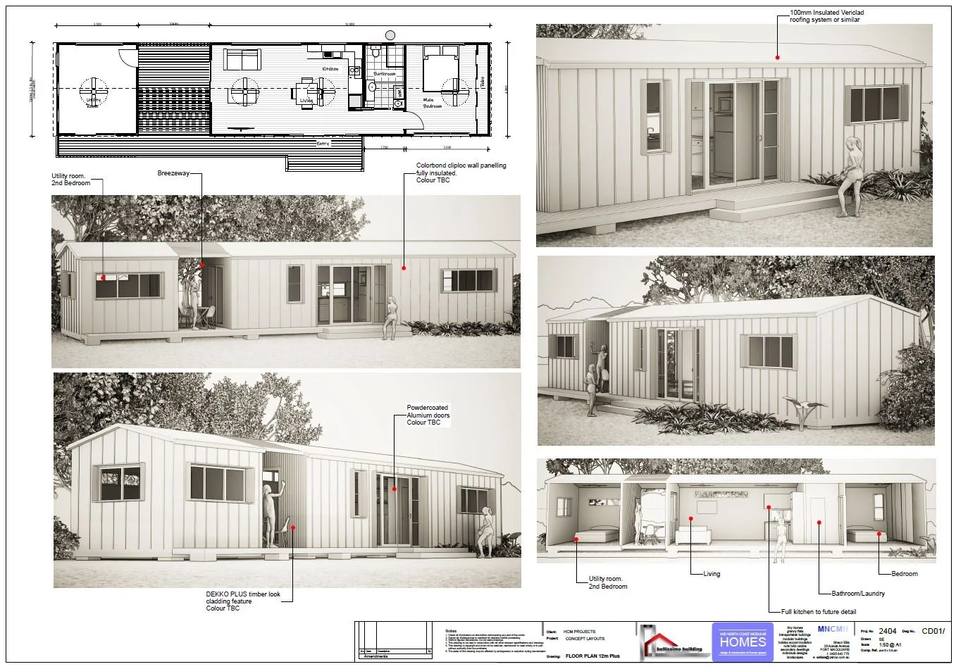 A set of architectural plans and 3D renderings for a small modular home, showing exterior and interior views, with labels for rooms and materials used.mid north coast modular homes scconstruction.online