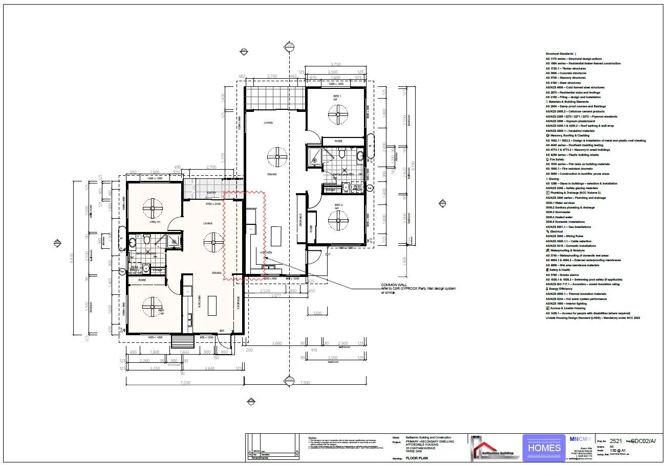 Detailed architectural floor plan of a residential building with room labels, measurements, and construction notations.mid north coast modular homes scconstruction.online