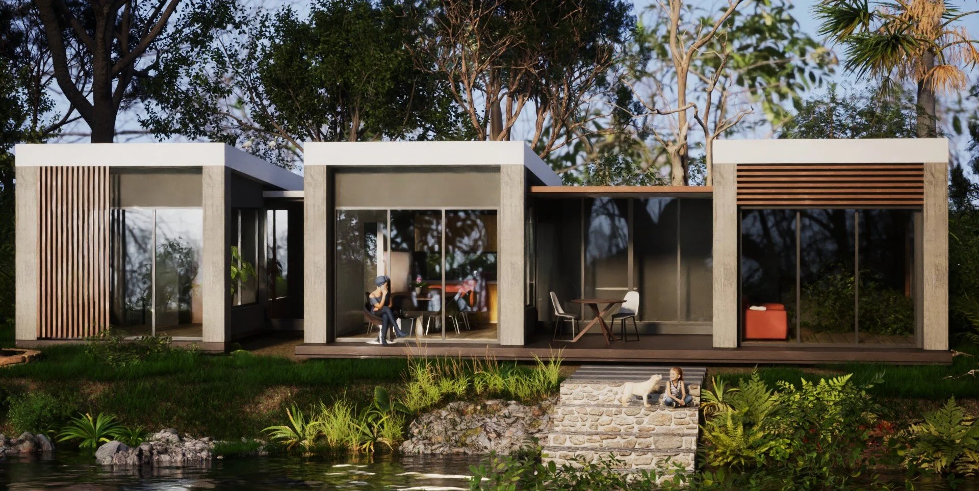 Modern house with large glass windows and sliding doors, surrounded by trees and greenery, with a water feature in the foreground. mid north coast modular homes scconstruction.online