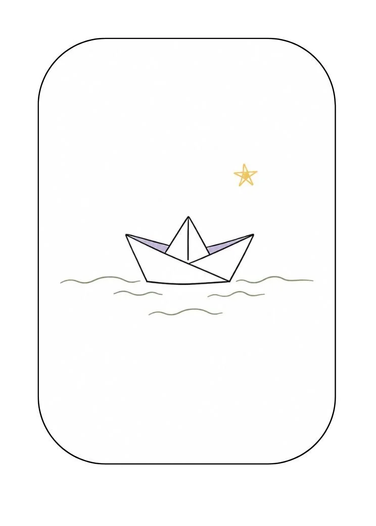 a sketch of a small paper boat floating on ripples with a small star in the sky