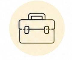 a sketch of a 5-leaf basil plant, with a briefcase, art palette, star, leaf and arrow - representing business, arts, sustainability, impact and leadership