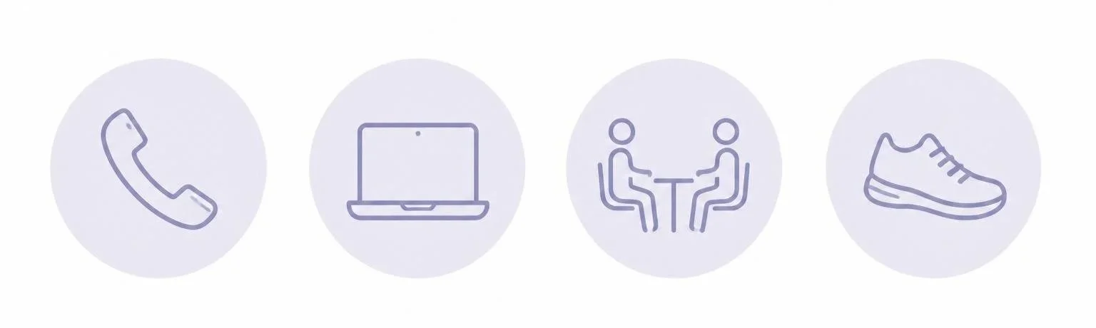 purple icons to show a phone, a laptop, two people across a table and finally a shoe