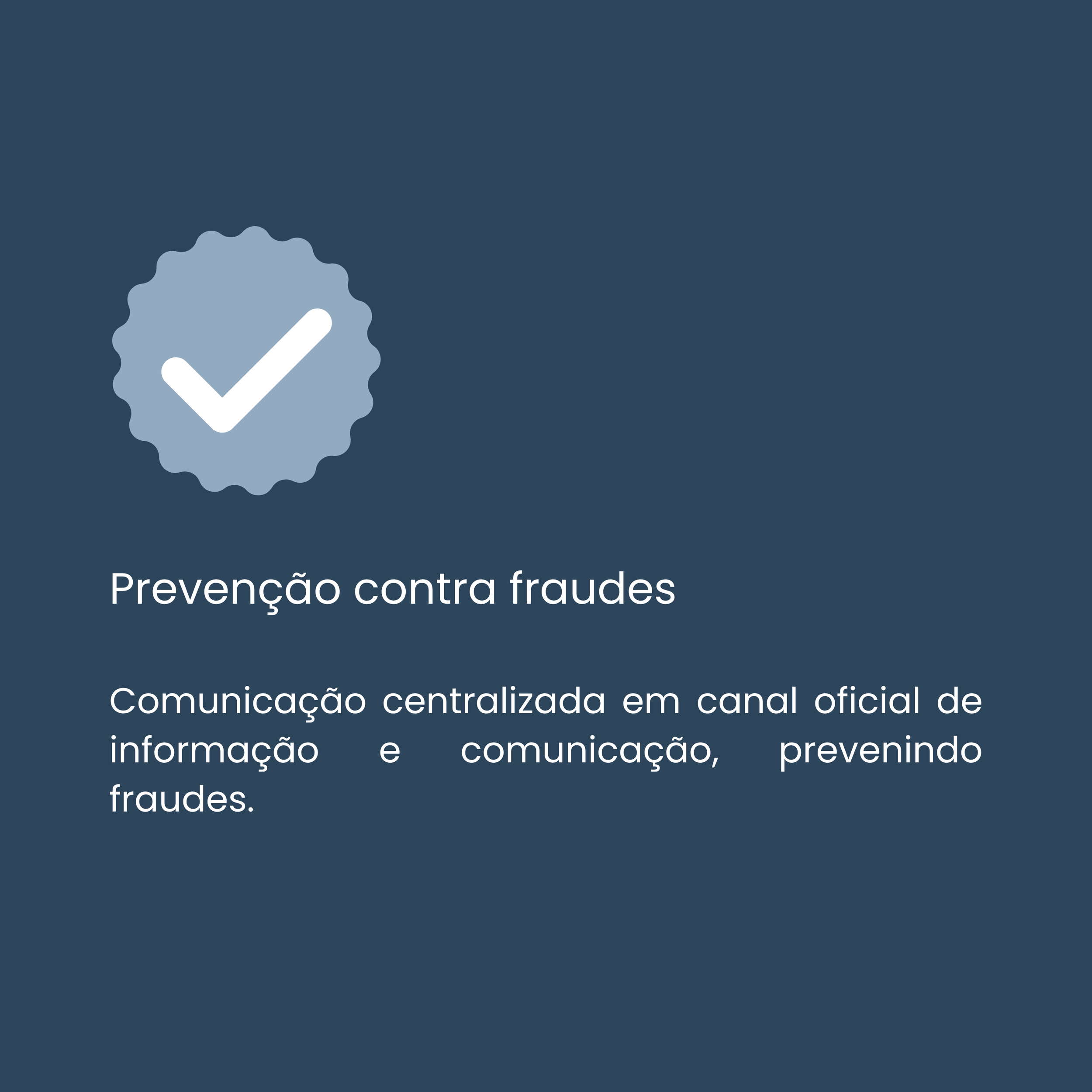Imagem com selo de verificação e texto sobre prevenção contra fraudes, indicando comunicação oficial para prevenir fraudes.