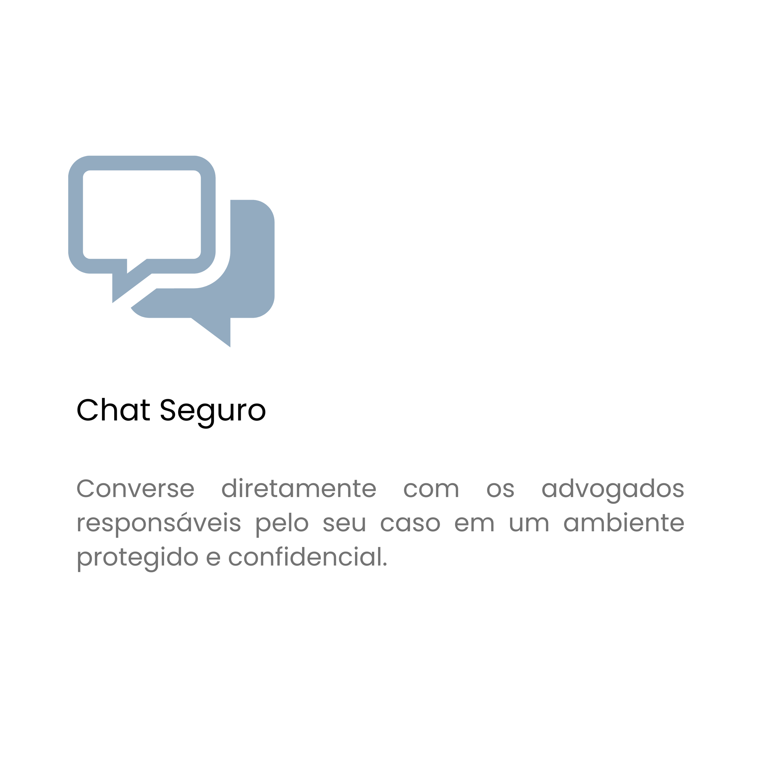 Tela de apresentação do serviço de chat seguro, com ícones de balões de diálogo e texto explicativo em português.