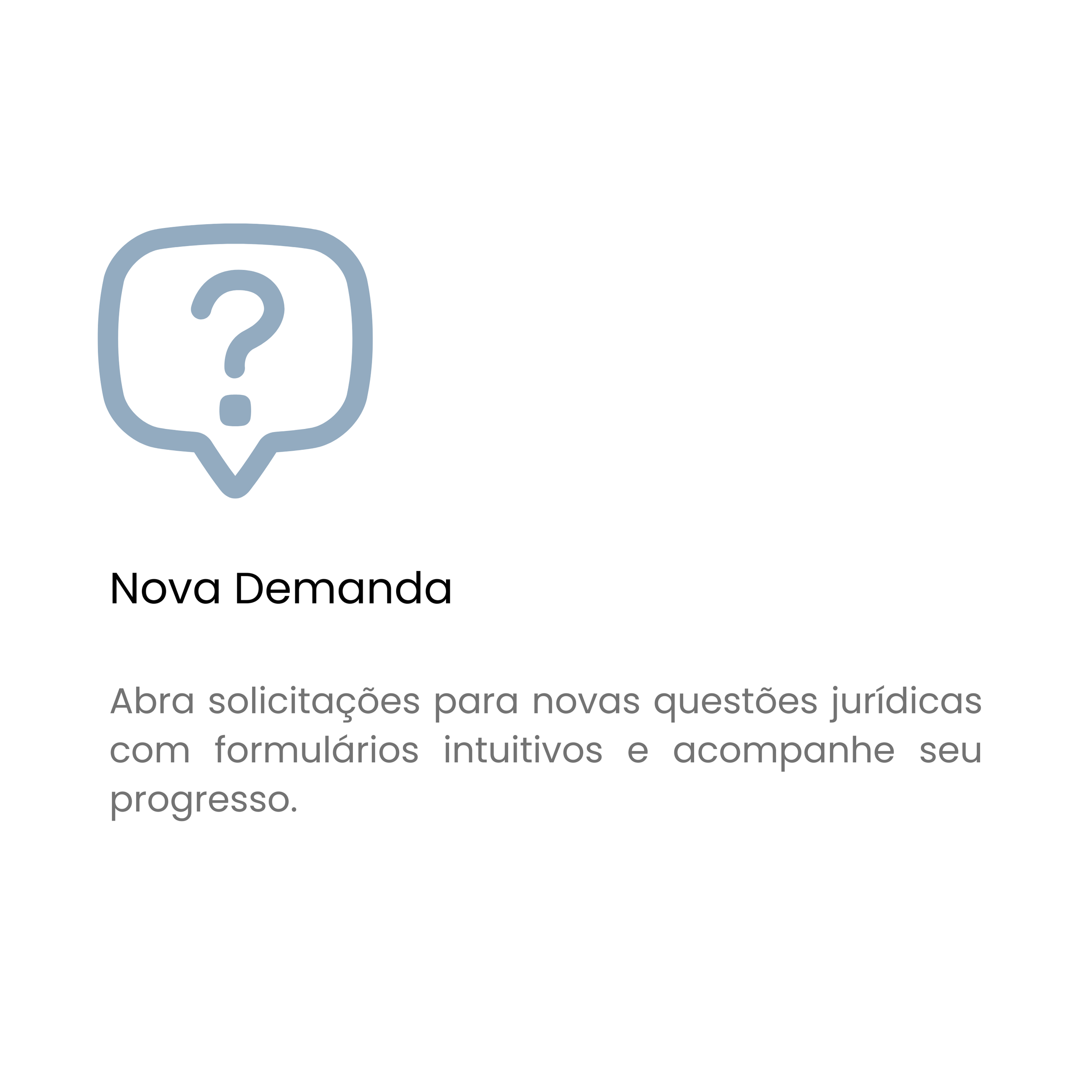 Ícone de balão de fala com ponto de interrogação, texto 'Nova Demanda', descrição de formulário para questões jurídicas com formulários intuitivos e acompanhamento do progresso.