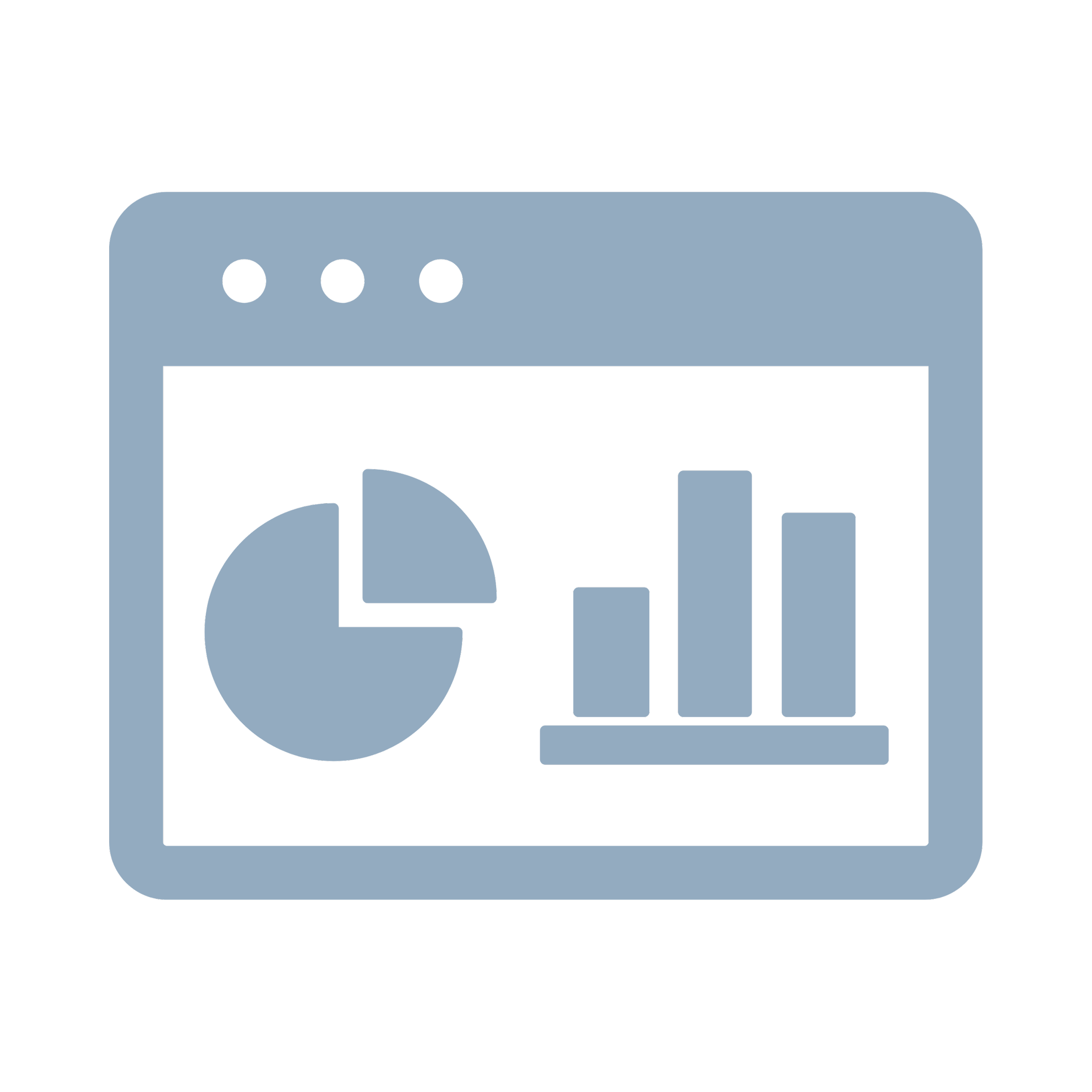 Ícone de uma janela de navegador exibindo gráficos de barras e gráfico de pizza.
