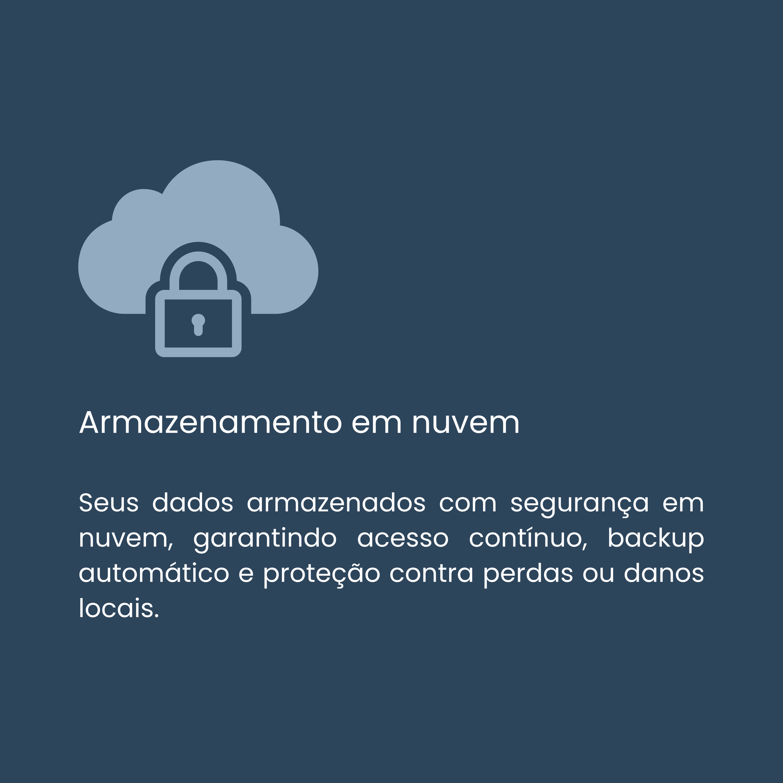 Tela de configuração de armazenamento em nuvem com ícone de nuvem e cadeado, apresentando texto em português sobre segurança, backup contínuo e proteção de dados.