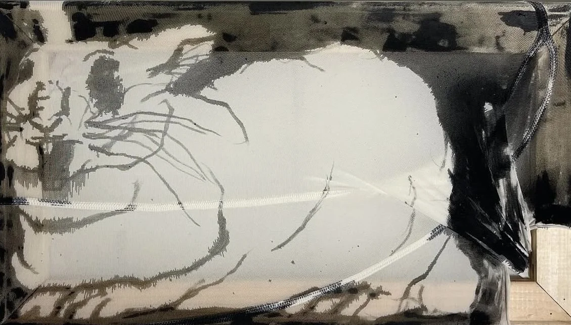 "Fluffy Bunny" 10in x 18in, ink on pantyhose and found stretcher bars, 2025