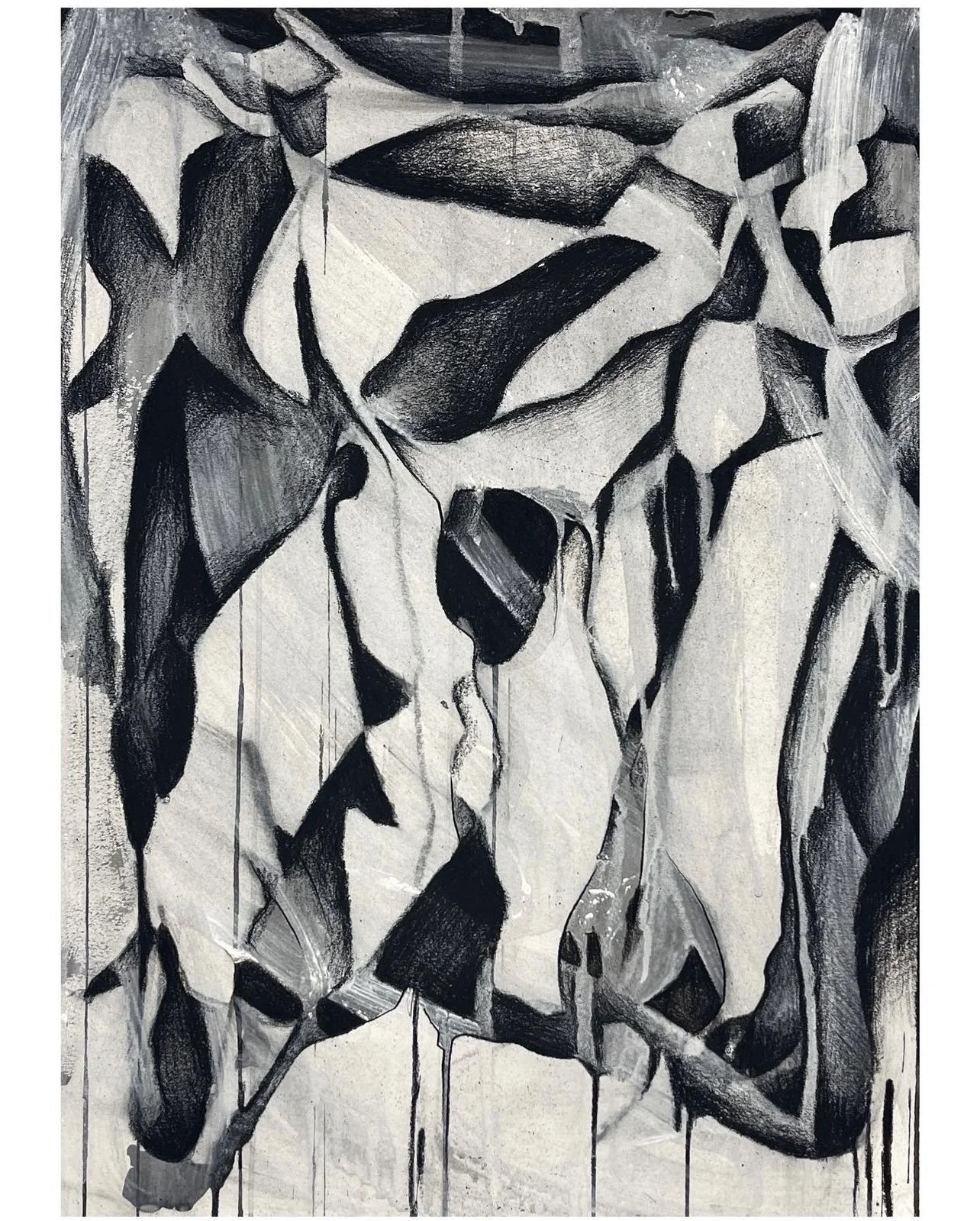 "Pigeon Mating Shadows IIII", 24in x 18in, charcoal, gesso, ink on paper, 2023