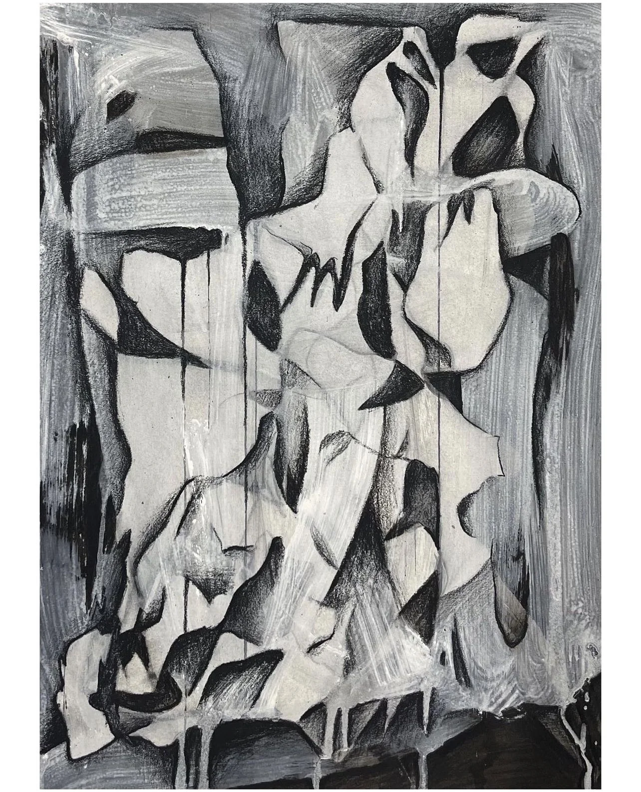 "Pigeon Mating Shadows III", 24in x 18in, charcoal, gesso, ink on paper, 2023