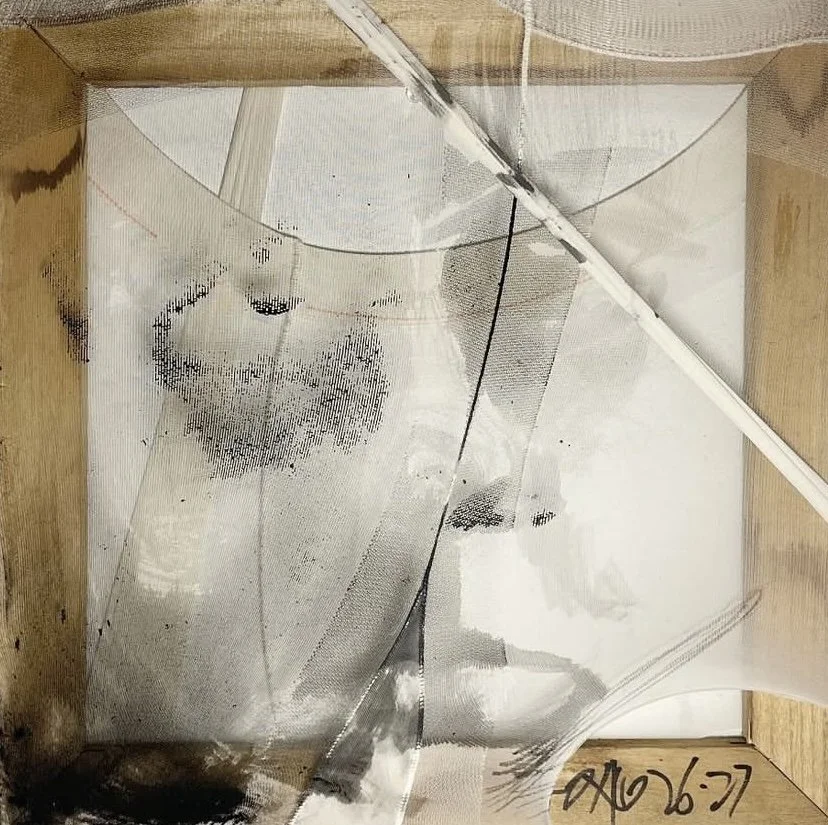 Self-portrait with ink on pantyhose and found stretcher bars, 16in x 16in, 2025