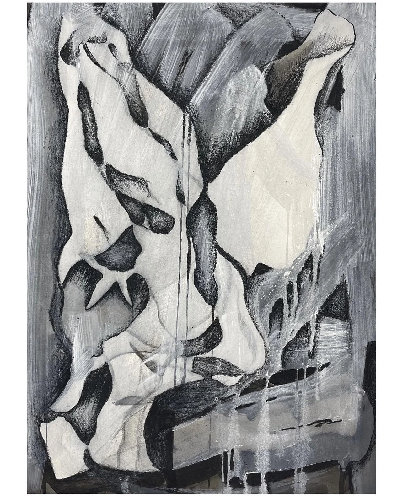 "Pigeon Mating Shadows I", 24in x 18in, charcoal, gesso, ink on paper, 2023