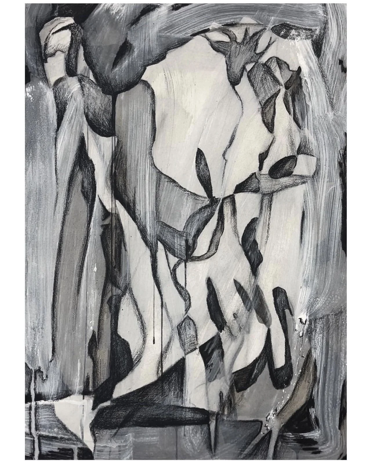 "Pigeon Mating Shadows II", 24in x 18in, charcoal, gesso, ink on paper, 2023