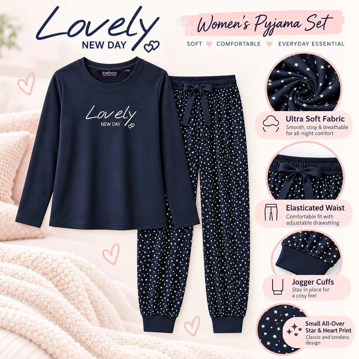 Women's navy Lovely New Day pyjama set by iceboo featuring a long-sleeve top, small star and heart print jogger bottoms, soft fabric, elasticated drawstring waist and cuffed ankles.