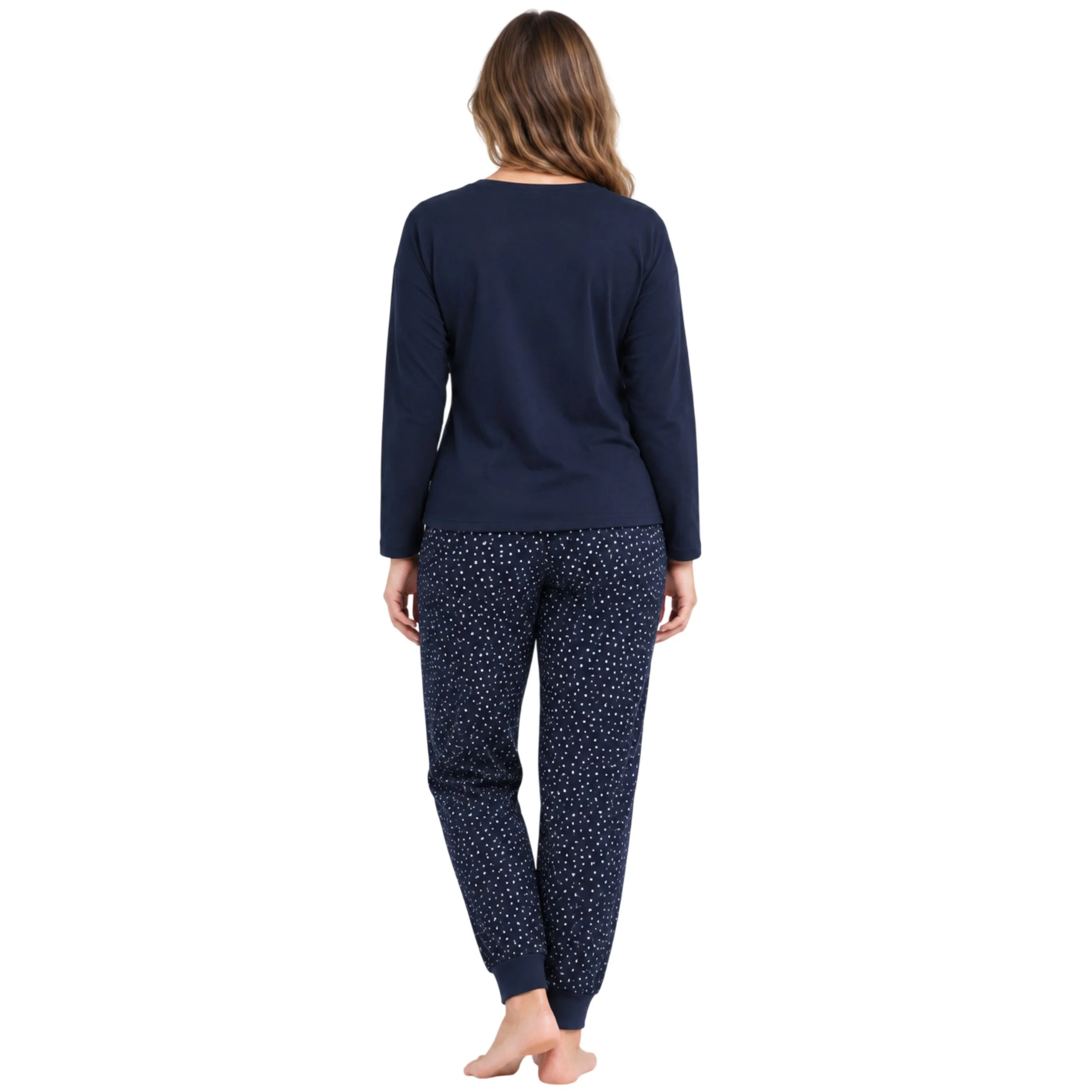 Back view of women's navy pyjama set showing the plain long sleeve top and patterned jogger bottoms