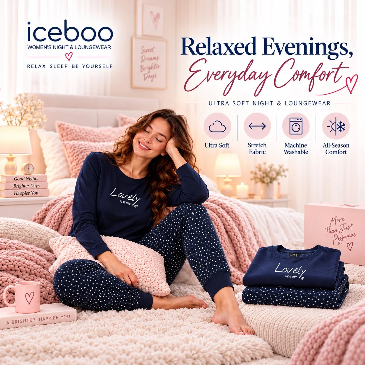 Woman wearing Iceboo women’s navy star and heart pyjama set in a cosy bedroom, relaxed evenings everyday comfort lifestyle image