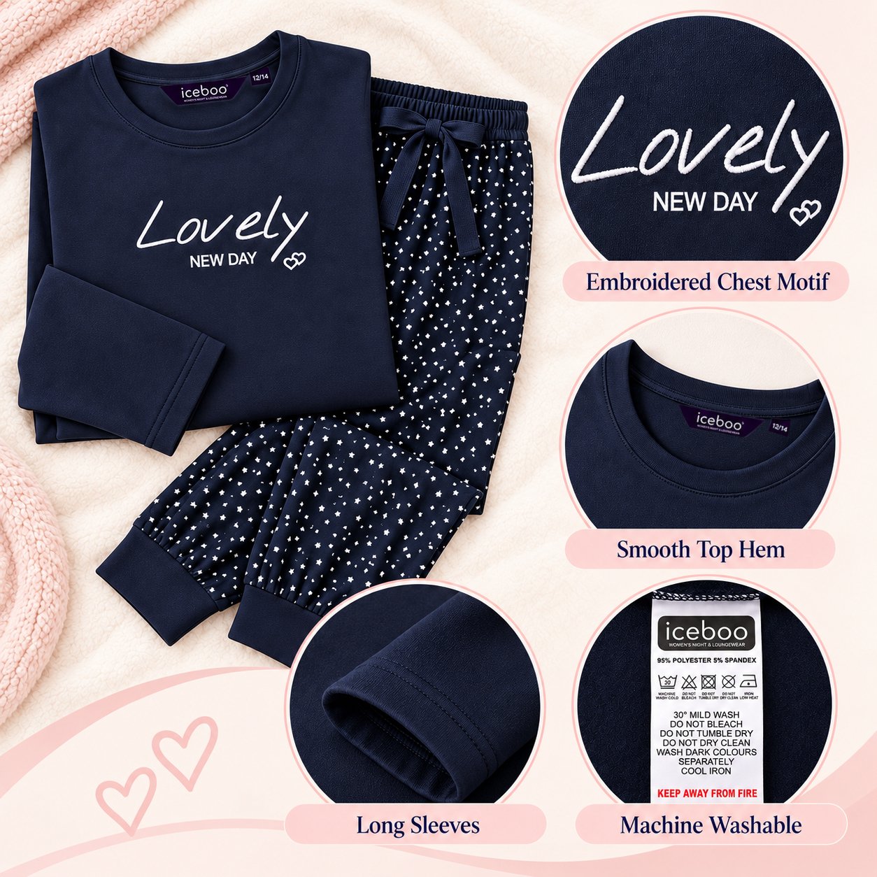 iceboo women's navy Lovely New Day pyjama set showing white embroidered chest motif, round neckline, long-sleeve hem, star and heart print jogger bottoms and machine-washable care label.