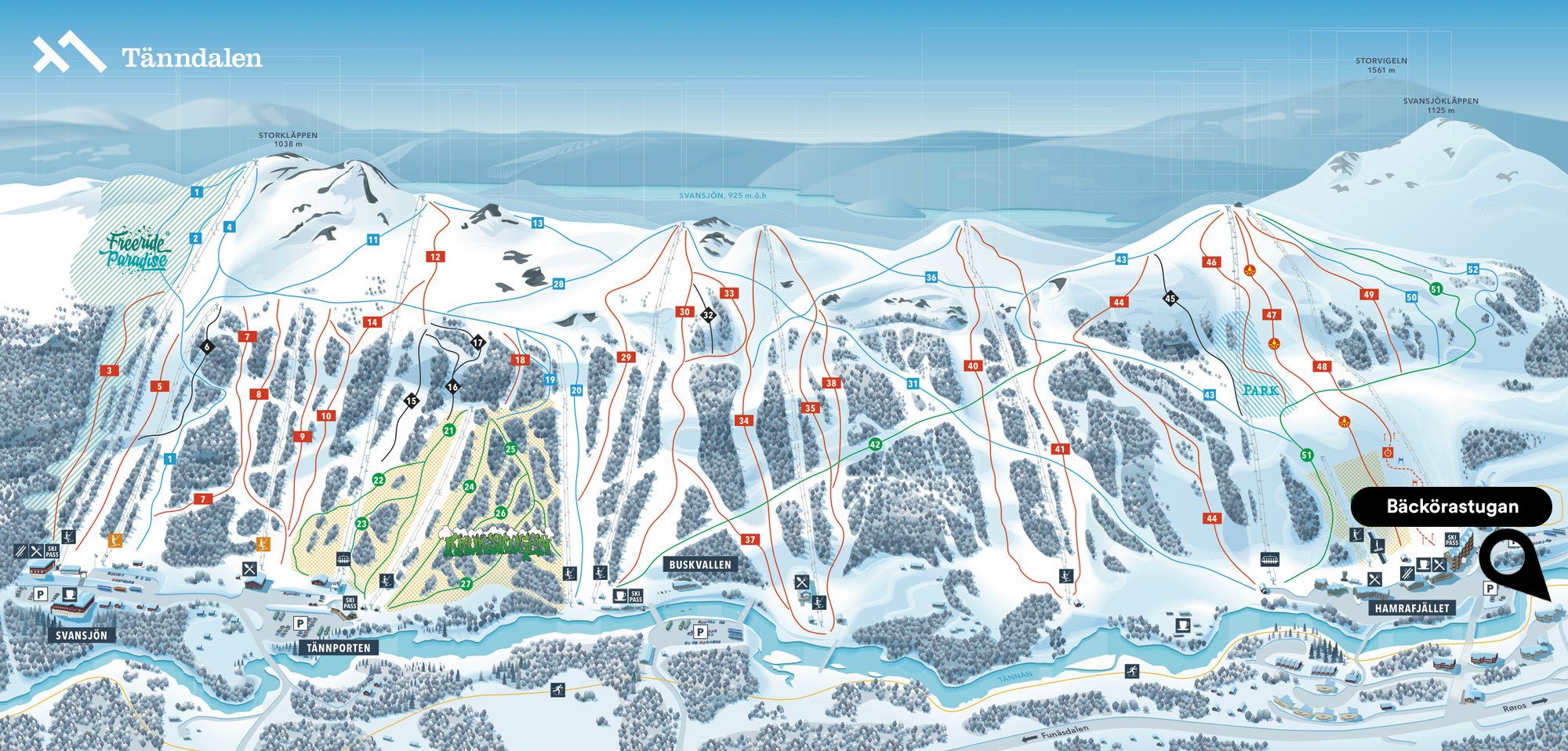 Skidkarta över Tännedalens skidanläggning med olika backar, liftar och faciliteter markerade.
