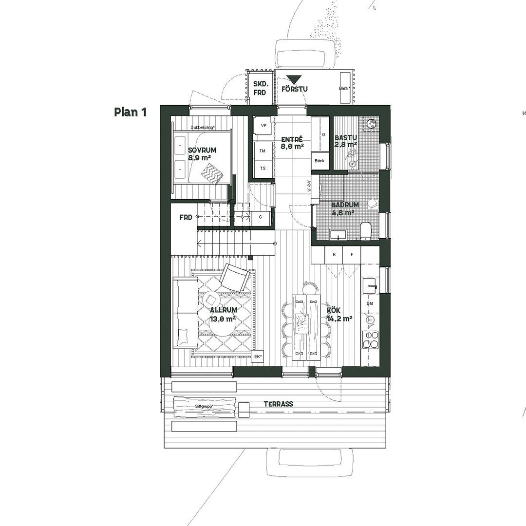 Vindstille planritning av en modern husdesign med vardagsrum, kök, sovrum, badrum, bastu, entré, klädkammare och terrass.