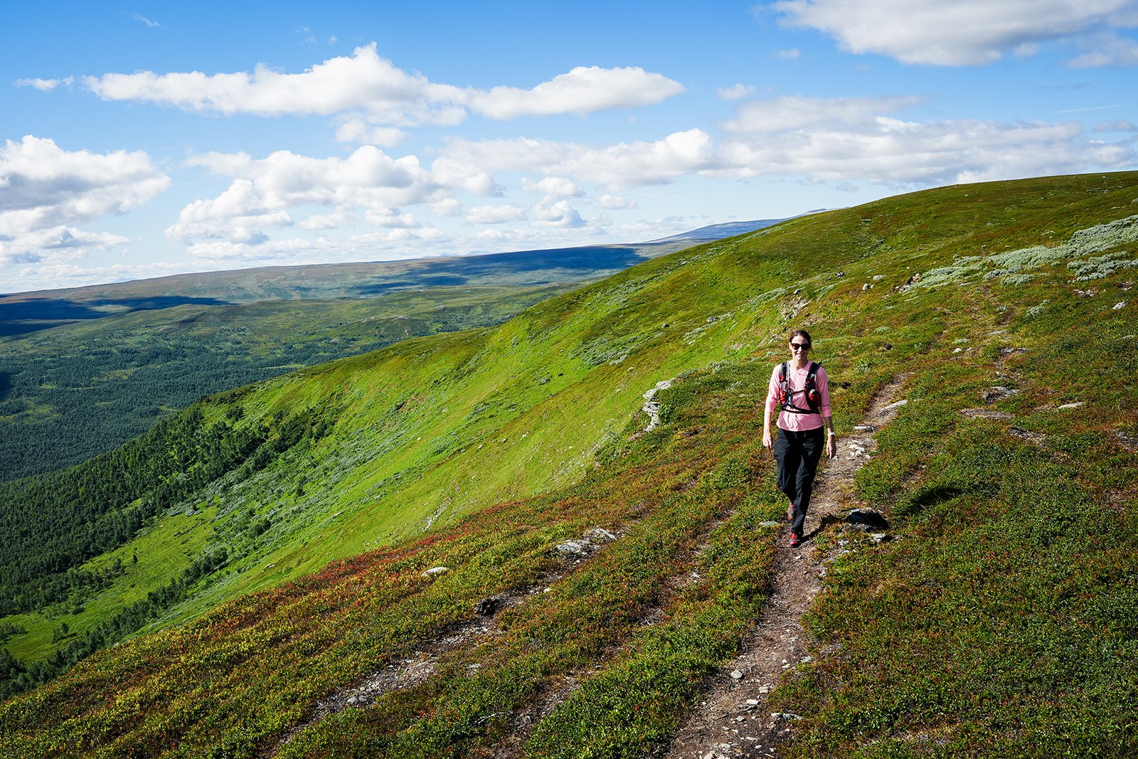 En kvinna vandrar på en smal stig på en grön bergssluttning under en blå himmel med spridda moln.