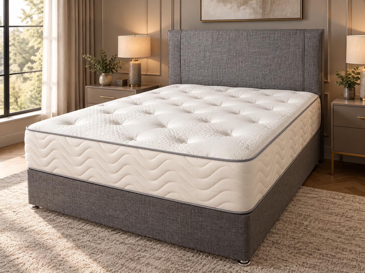 Evolve Mattress Luxury Grey Tufted Bed in a Cozy Bedroom.png