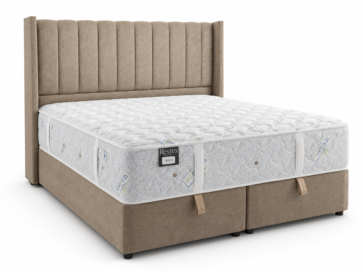 Taupe Wingback Bed with Quilted Mattress.png