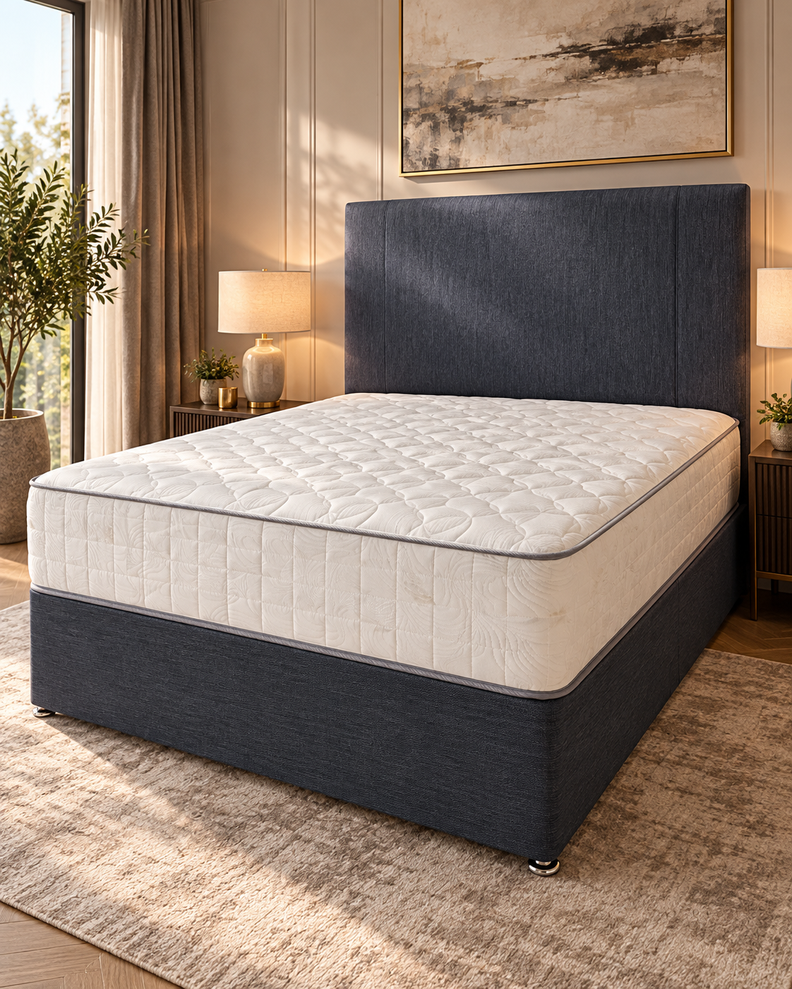 Cozy Charcoal Bed in Sunlit Bedroom.png