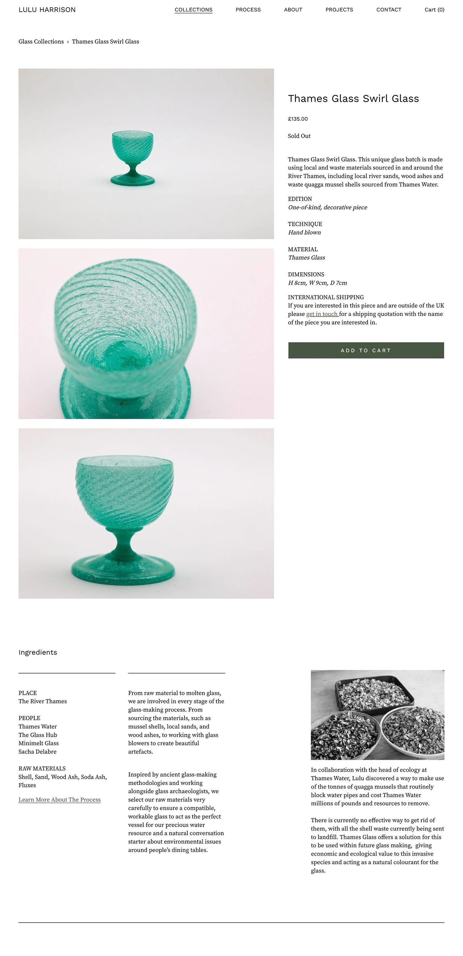 Limited edition glass collection e-commerce page on Lulu Harrison's artist website