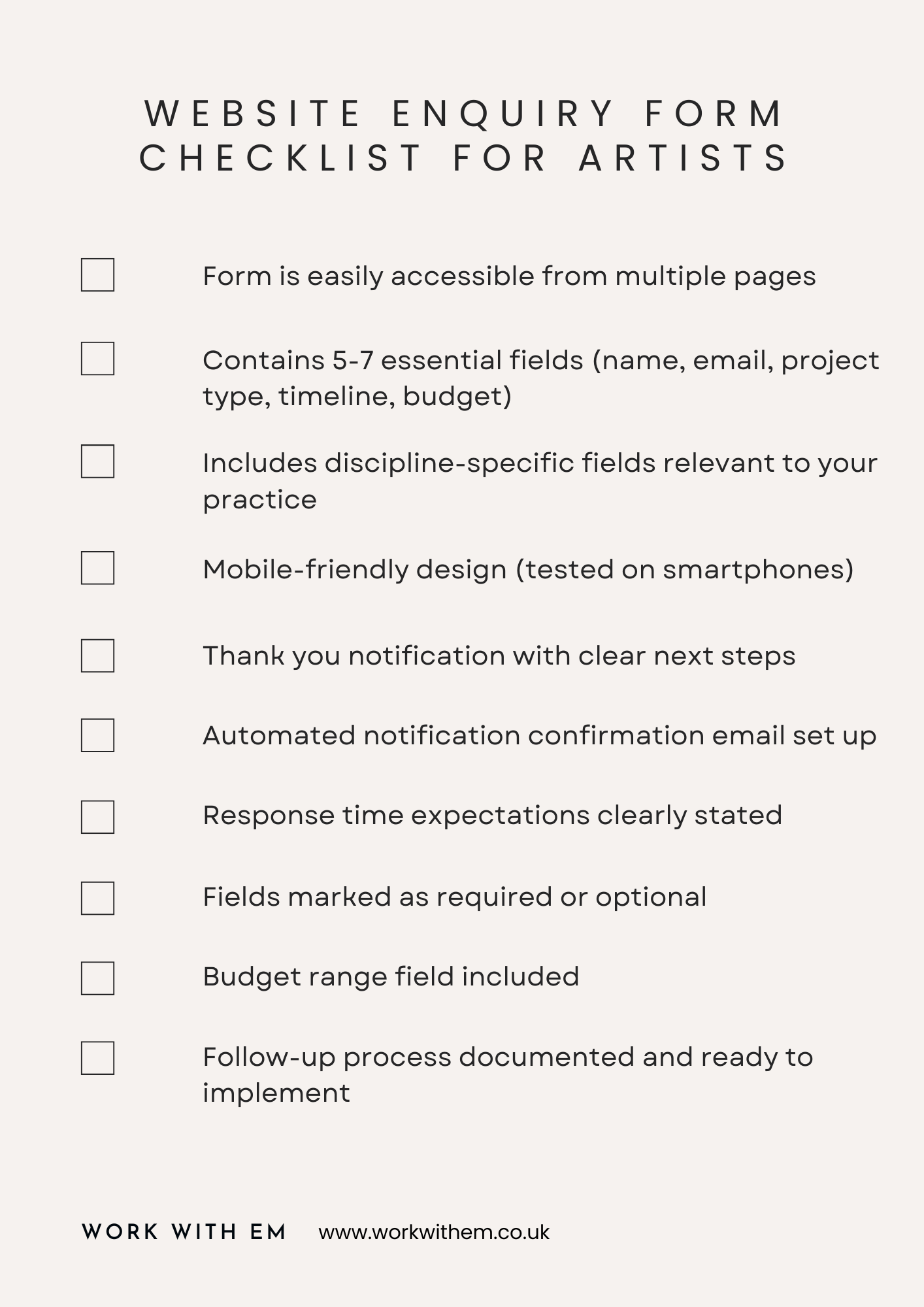 graphic image of a website enquiry form checklist for artists