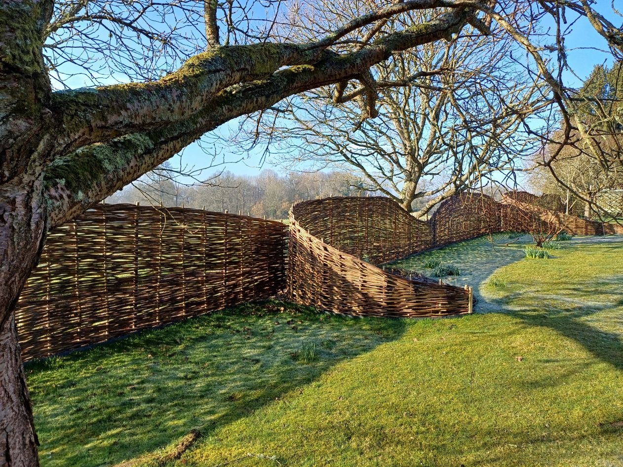 Section of a 90metre long fence design by Katy Terry of Good Grounding Garden Design.  This fence was woven in three insitu continuous weave sections, providing screening from a public foothpath, seating areas and accomodating the existing trees on t