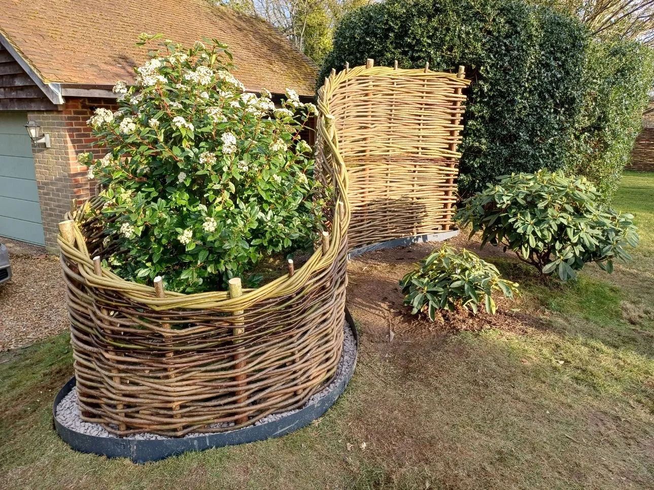 A beautiful scroll weave to hug existing shurbbery and screen the garage from the garden views.  Designed by Katy Terry of Good Grounding Garden Design 