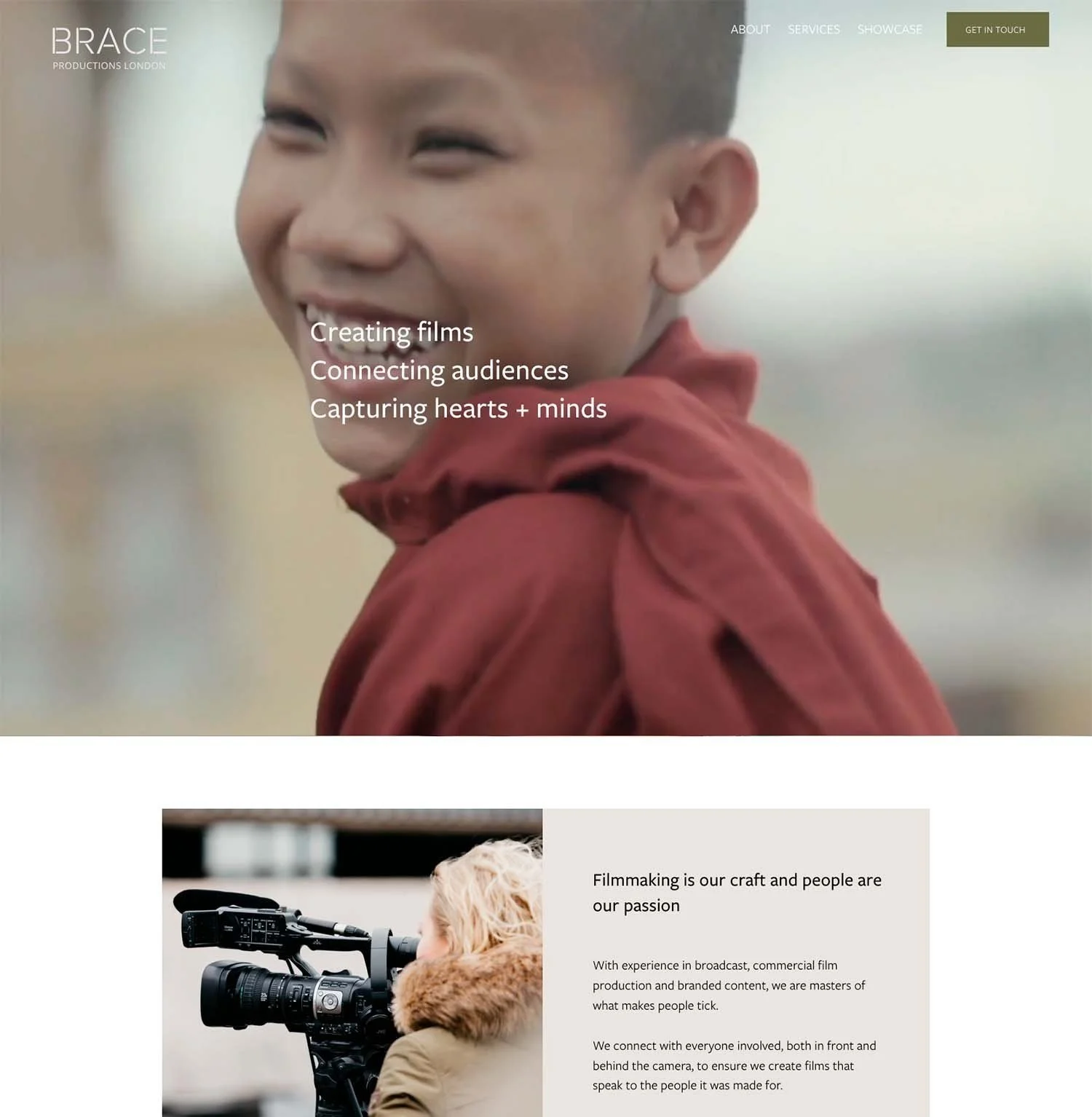 Brace Productions film company website homepage featuring cinematic showreel