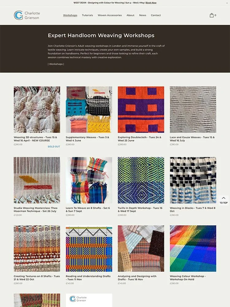 Weaving workshop booking interface showing colorful textile samples by Charlotte Grierson