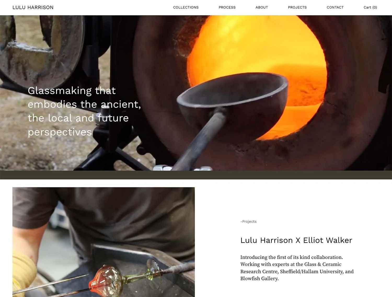 Lulu Harrison glass artist website with video of sustainable glass-making process