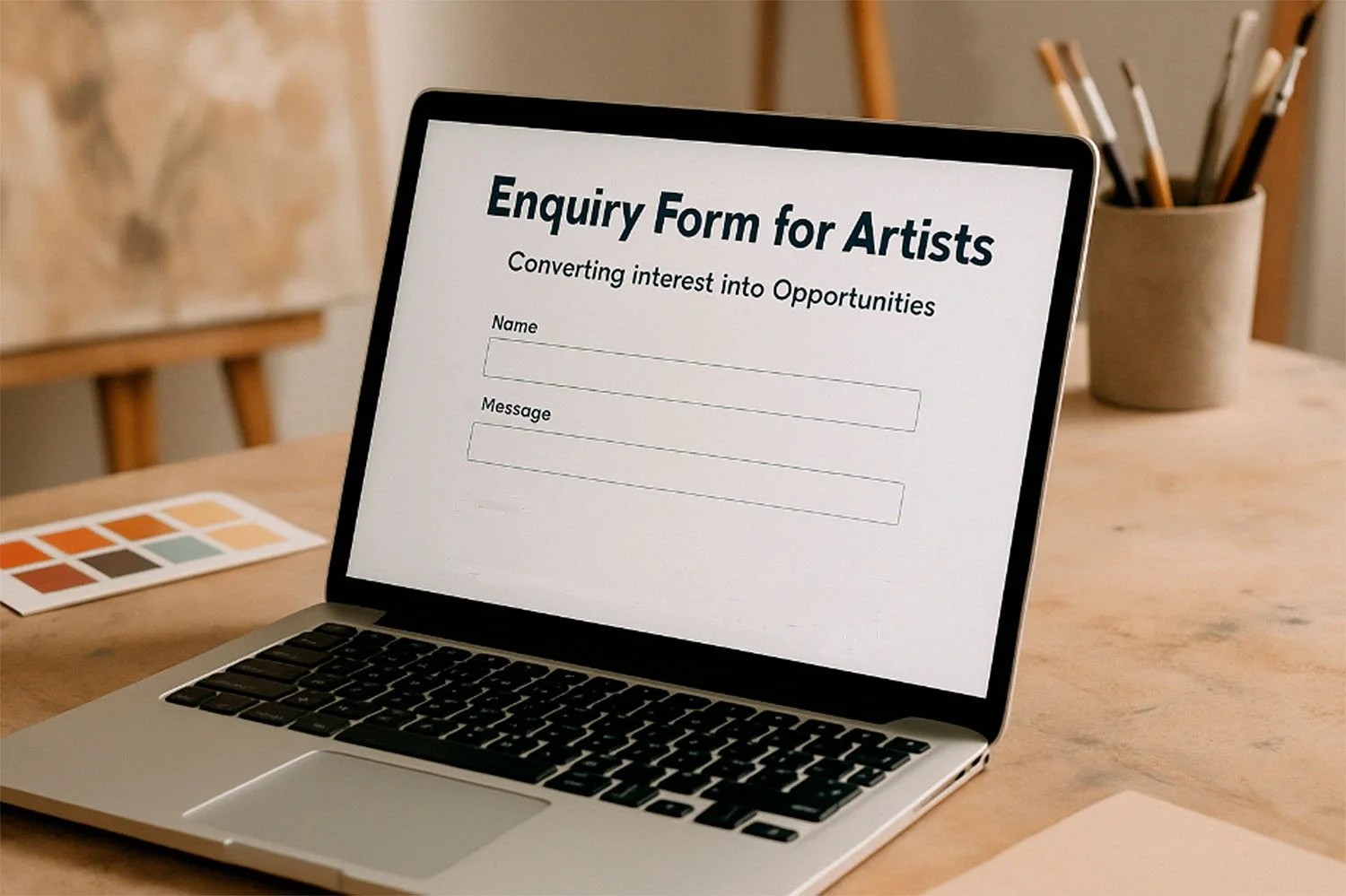 Open laptop in artist studio showing text enquiry form for artists