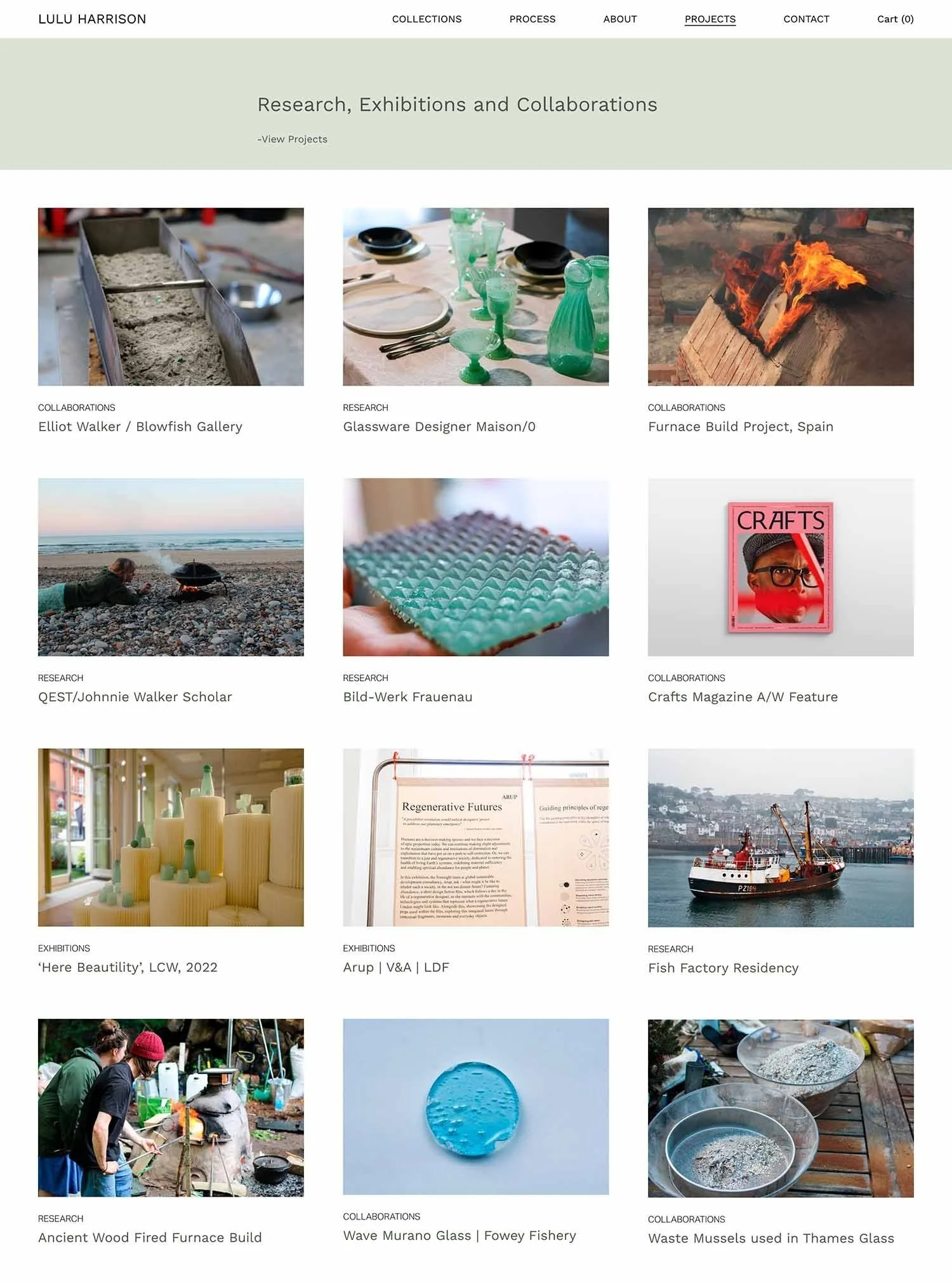 Biomaterial research showcase on Lulu Harrison's sustainable glass art website