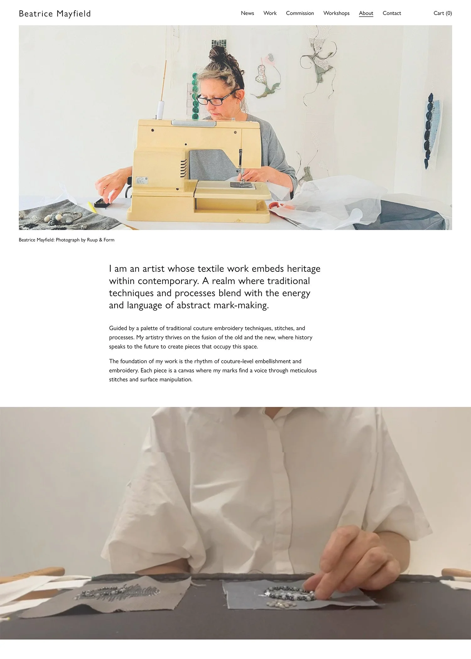 textile artist website about page with full image layout for storytelling