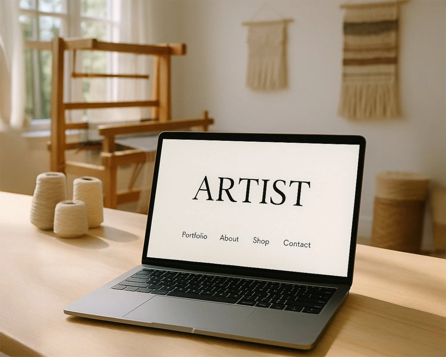 Open laptop showing Artist website navigation showing clear menu structure with portfolio, about, shop, and contact sections