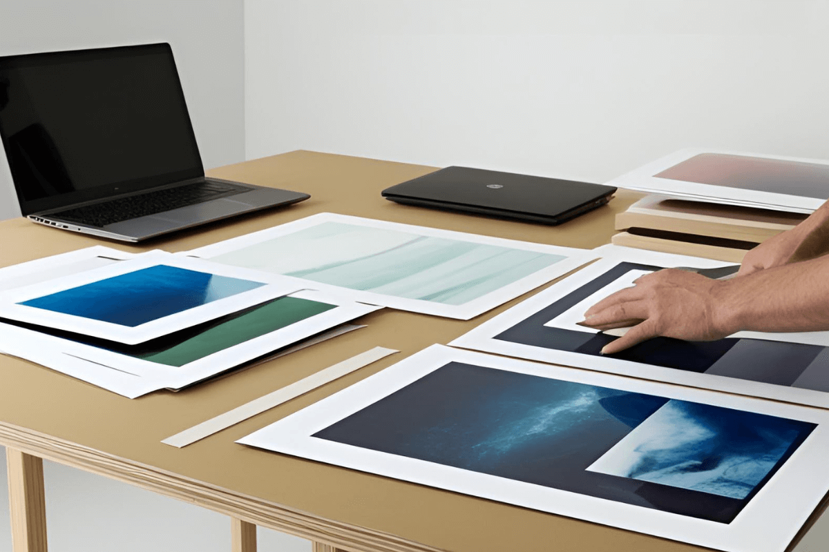 artists prints on a table being organised
