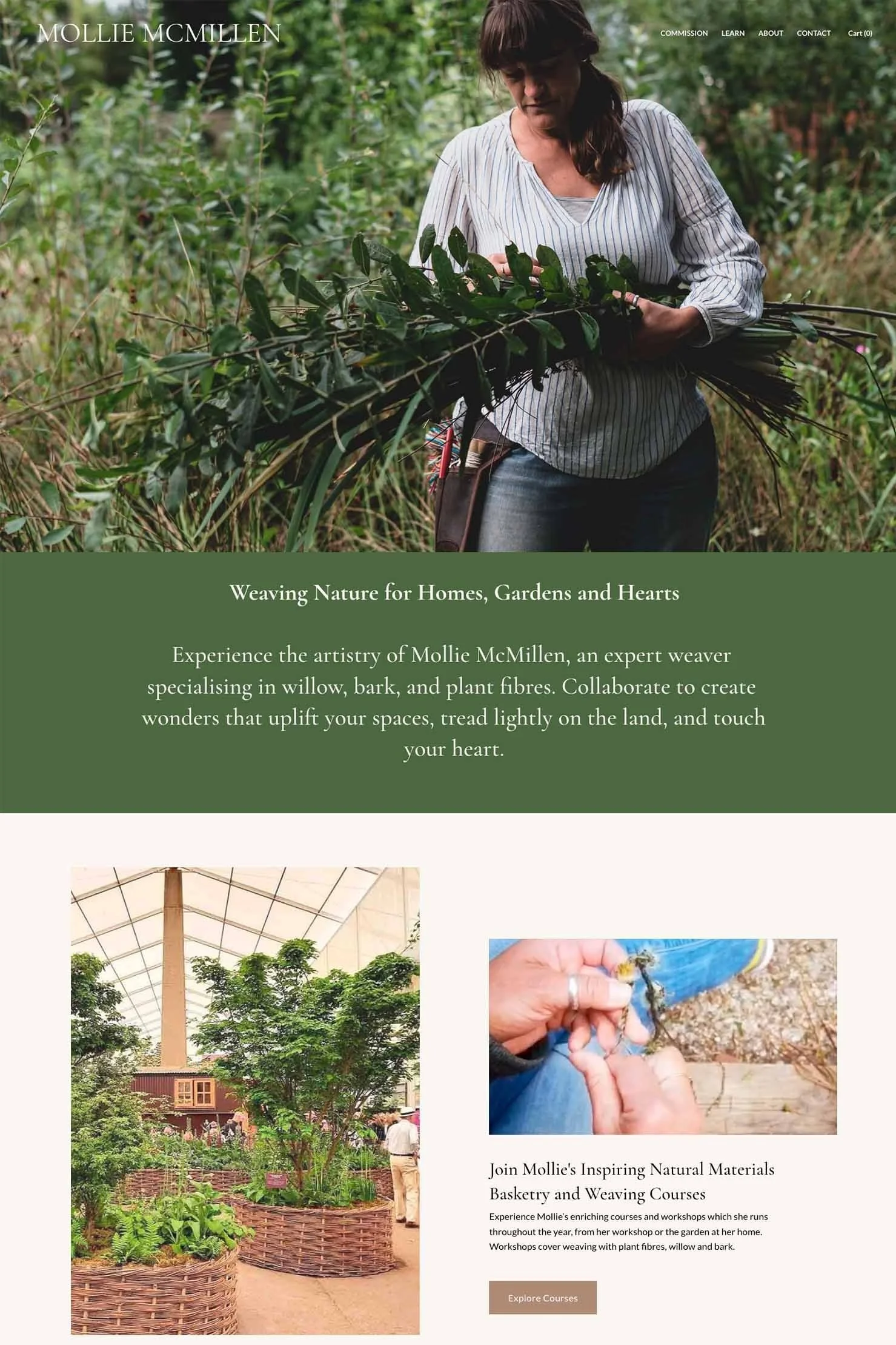 Mollie McMillen basket maker website homepage featuring  here with willow  for weaving