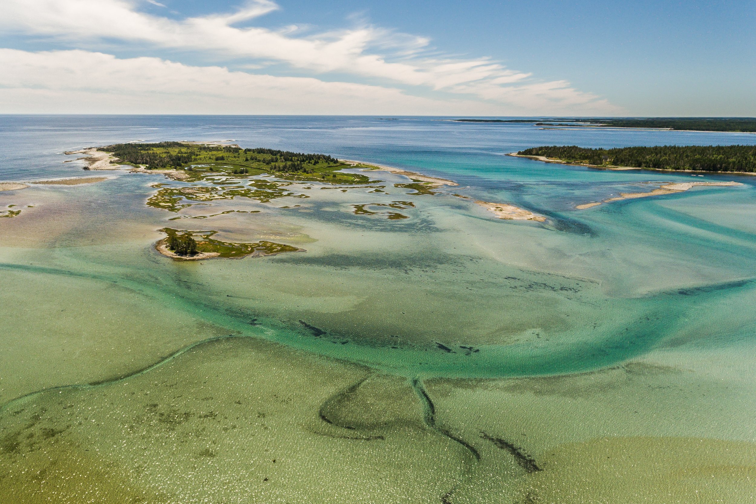 Aerial view of the complex and beautiful coastal ecosystem found along Nova Scotia's South shore, Canada. Oceans are intimately connected to coastal and freshwater ecosystems.